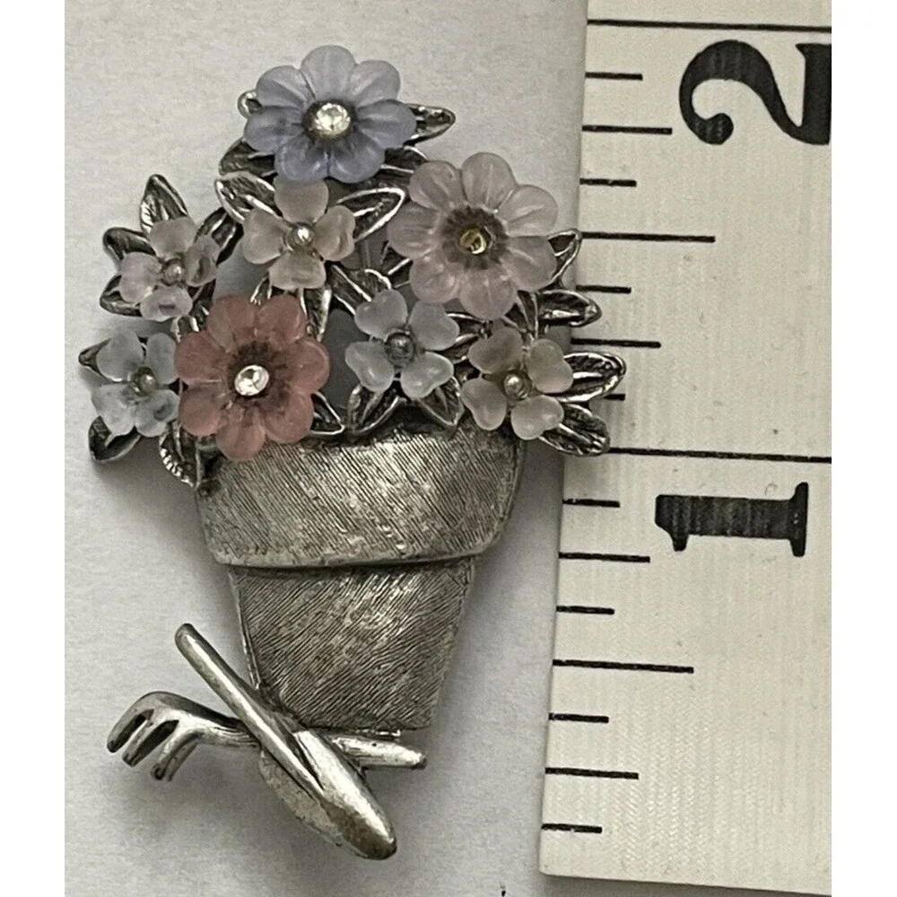 Vintage Signed Lia Flower in Pot with Gardening Tools Brooch Silver Tone